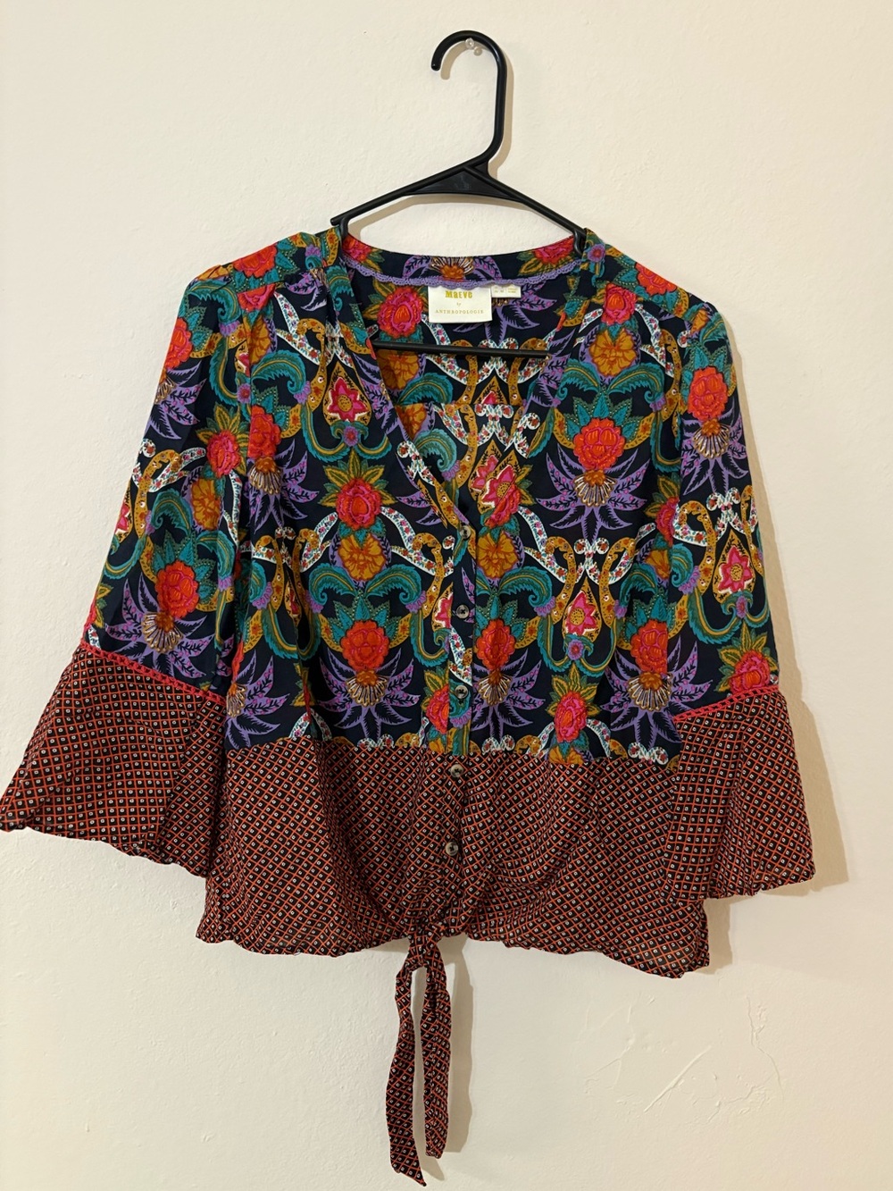 Anthropologie Maeve Boho Floral Bell Sleeve Tie Front Blouse Size 8